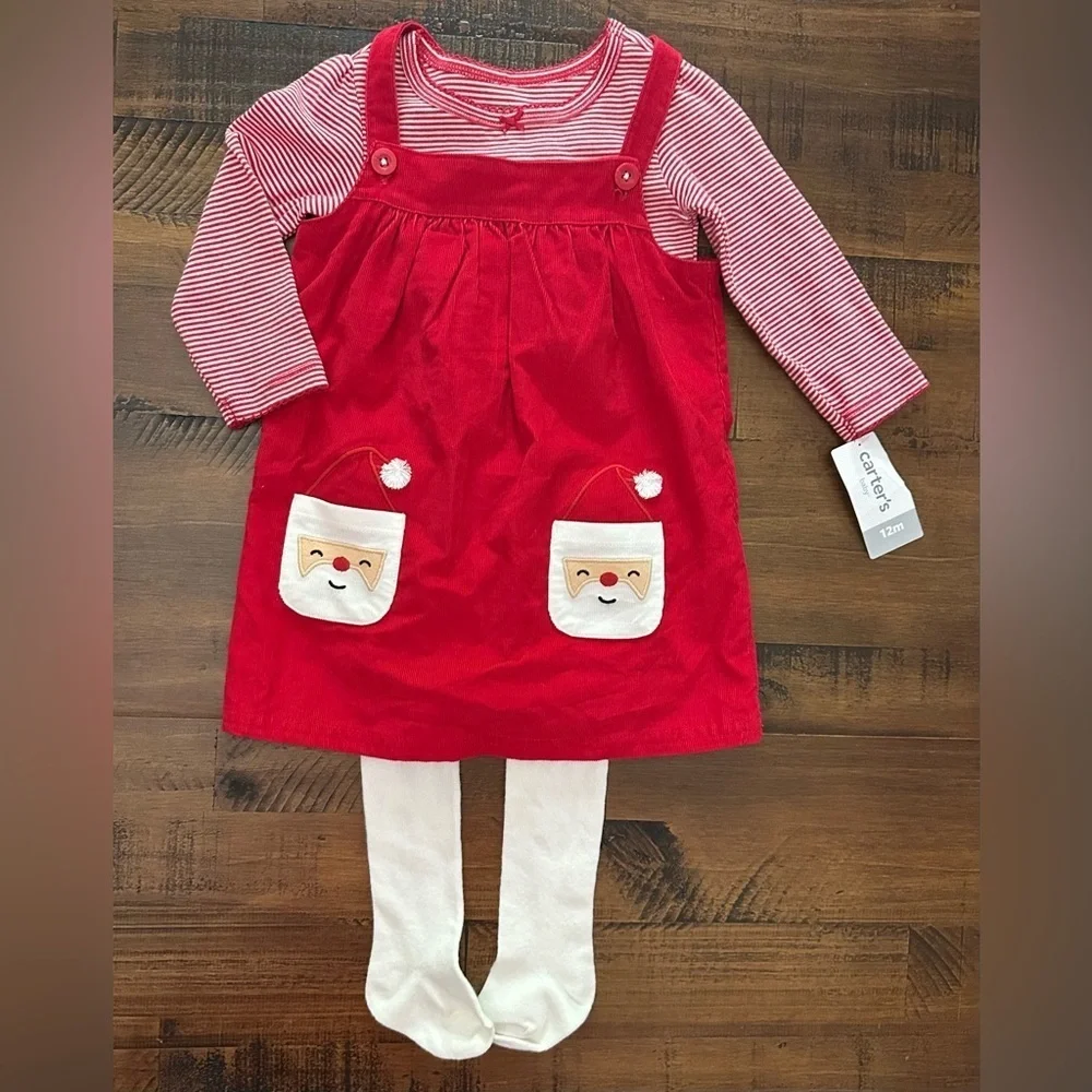 NWT carters santa claus jumper dress 12 mos 3 pc shirt tights Christmas‎